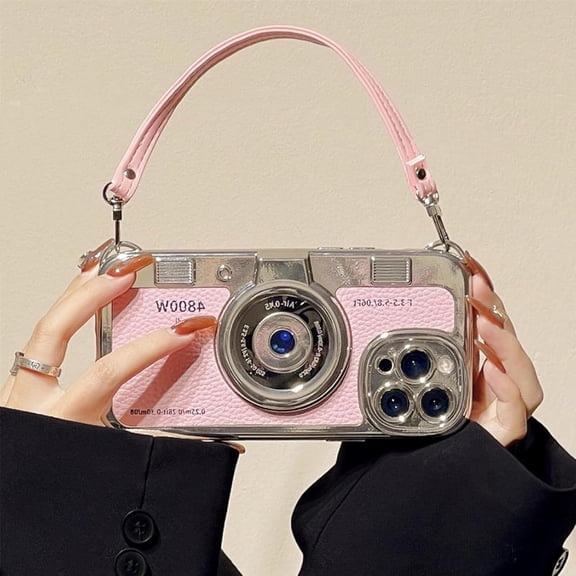 3D Retro Camera Graphic Phone Case PU Leather Strap for iPhone 17/16/15/14/13/12/11, Phone Case Looks Like Vintage Camera, Add Retro Chic to Smartphone (for iPhone 11,Pink)