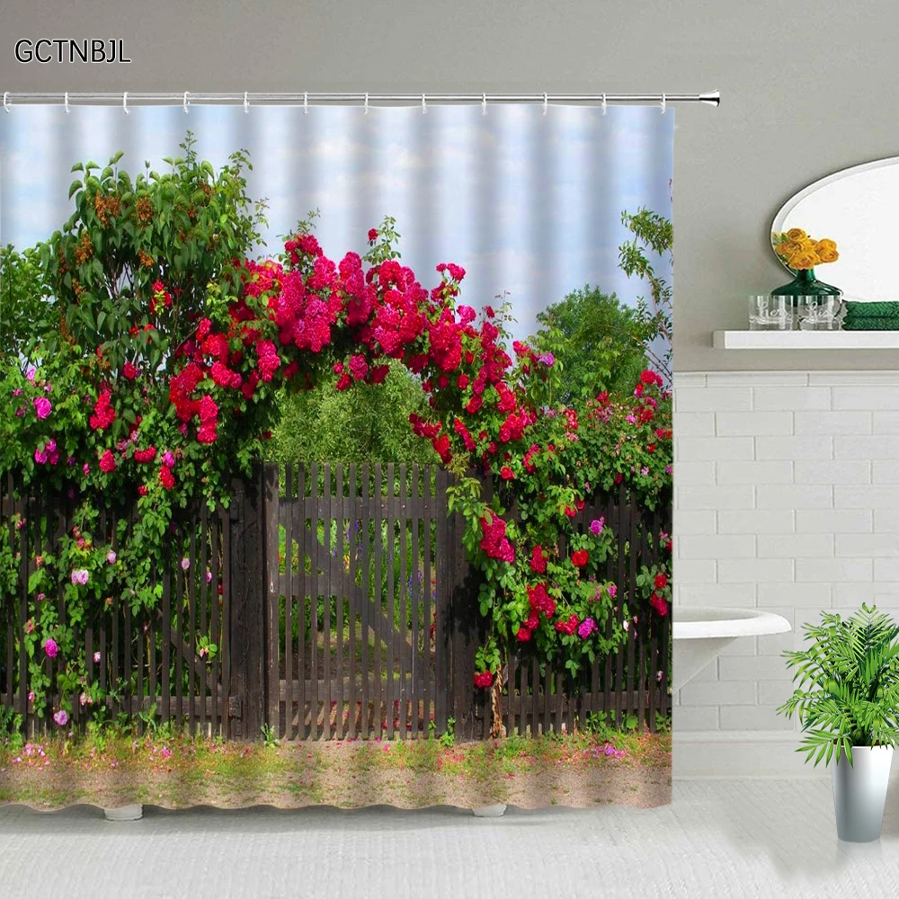 3D Retro Garden Scenery Shower Curtain Woods Flower Vine Nature