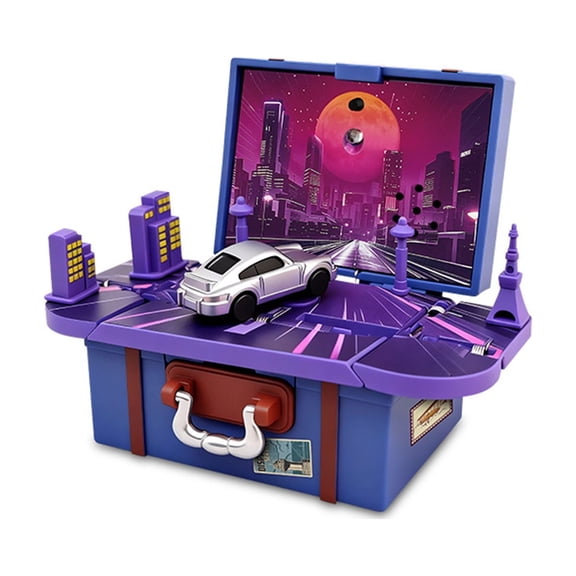 3D Retro Suitcase Music Box with Cityscape Scene and Car Miniature Desktop Decorative Melody Box Travel Theme Display