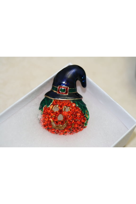 3D Rhinestone Halloween Orange Pumpkin Witch Hat Enamel Pin Brooch