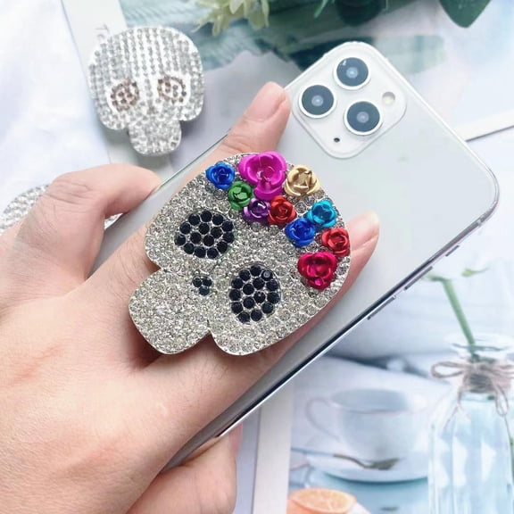 3D Rhinestone Skull Phone Grip Stand, Gothic Adhesive Back Grip with Kickstand for iPhone, Samsung and Most Smartphones, Punk Style Phone Accessory