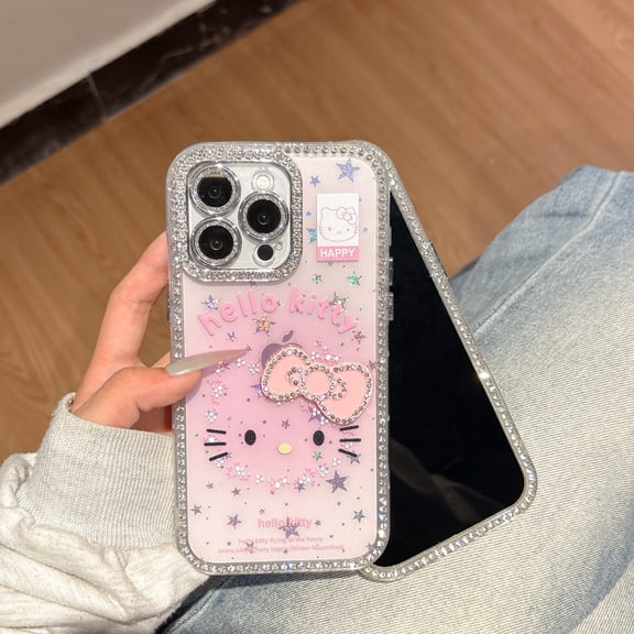 3D Rhinestones Bling Cartoon Hello Kitty Cute Bow Case for iPhone 16 15 14 13 12 11 Pro Max Plus Cover Women Gift