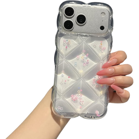 3D Rhombus Grid Bling Glitter Stars Phone Case for iPhone (Clear,iPhone 15 Plus)