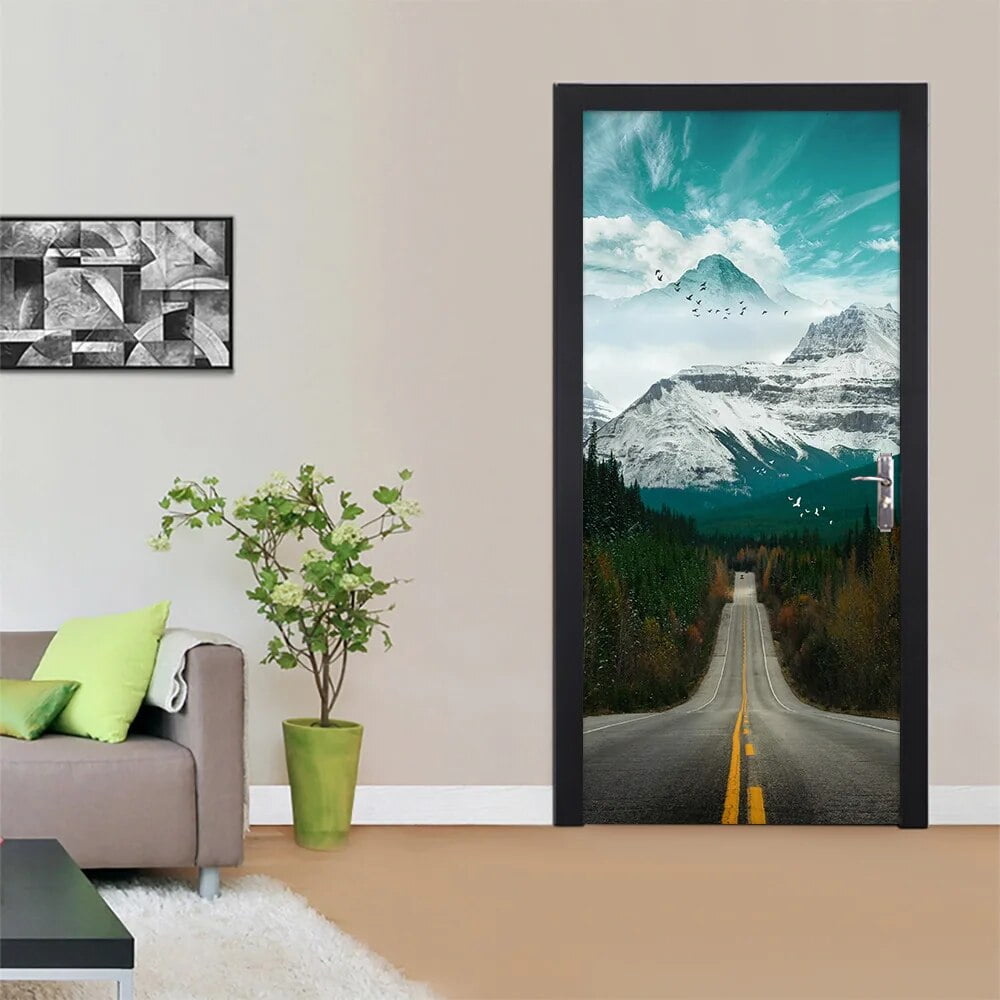 3D Road Landscape Door Stickers Natural Scenery Home Bedroom Wallpaper