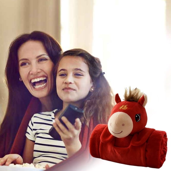3D Roll Blanket 2 In 1 Travel Blanket Year of the Horse Plush Pillow Nap Blanket Folding Shawl Portable Soft Red Blanket Flannel Fabric for All Seasons,32"x39"
