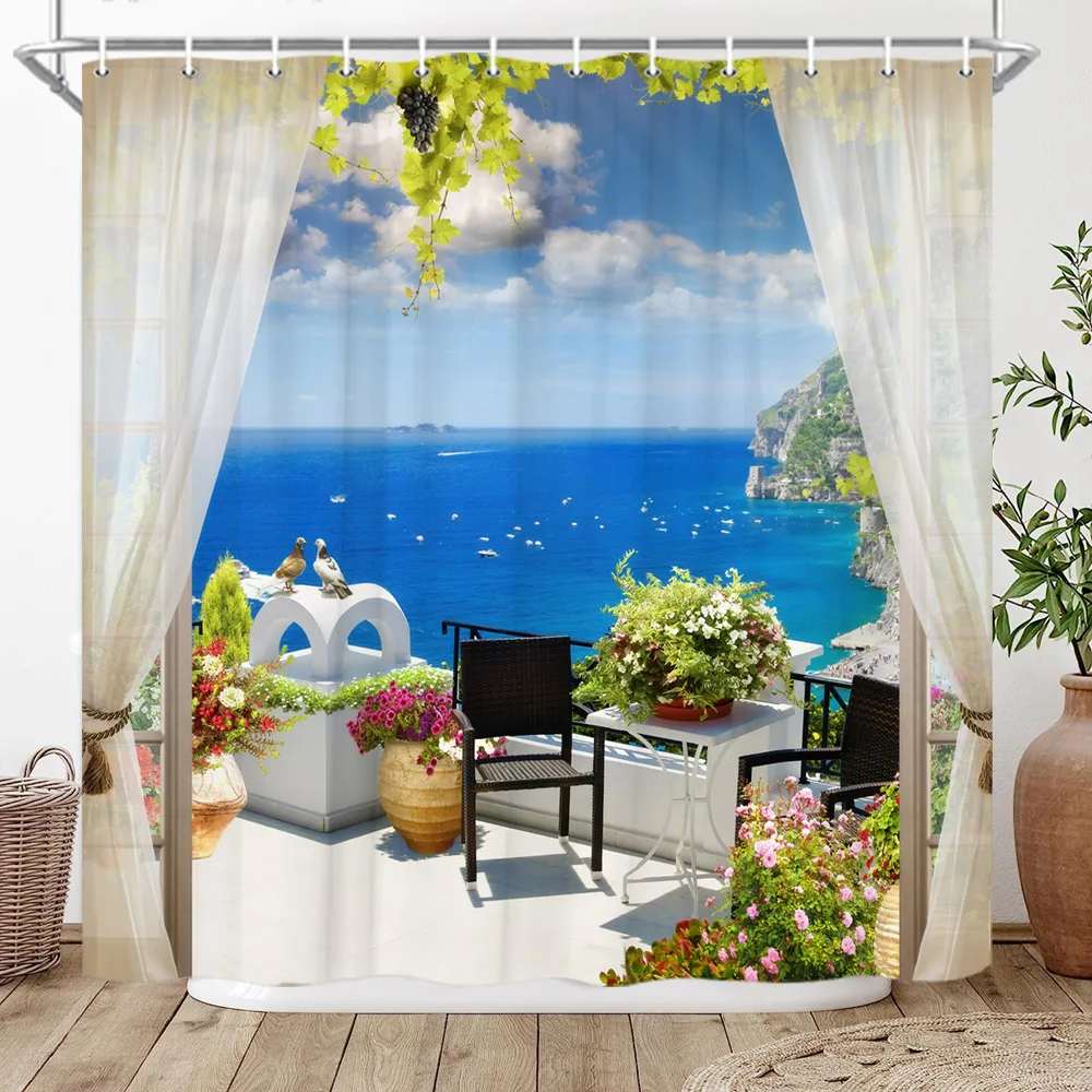 3D Roman Column Sea View Shower Curtain Green Palm Tree Lake Landscape