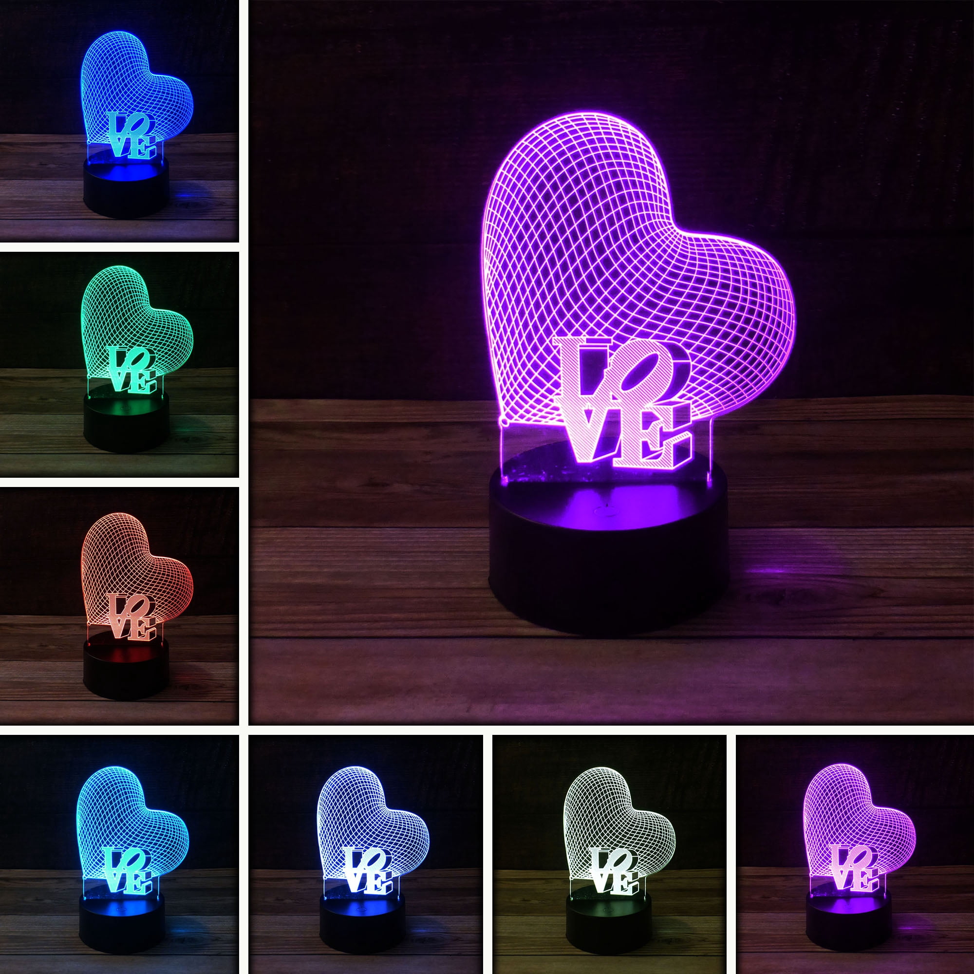 3D Romantic Love Heart Desk Light - 7 Color LED Lamp Base with USB or ...