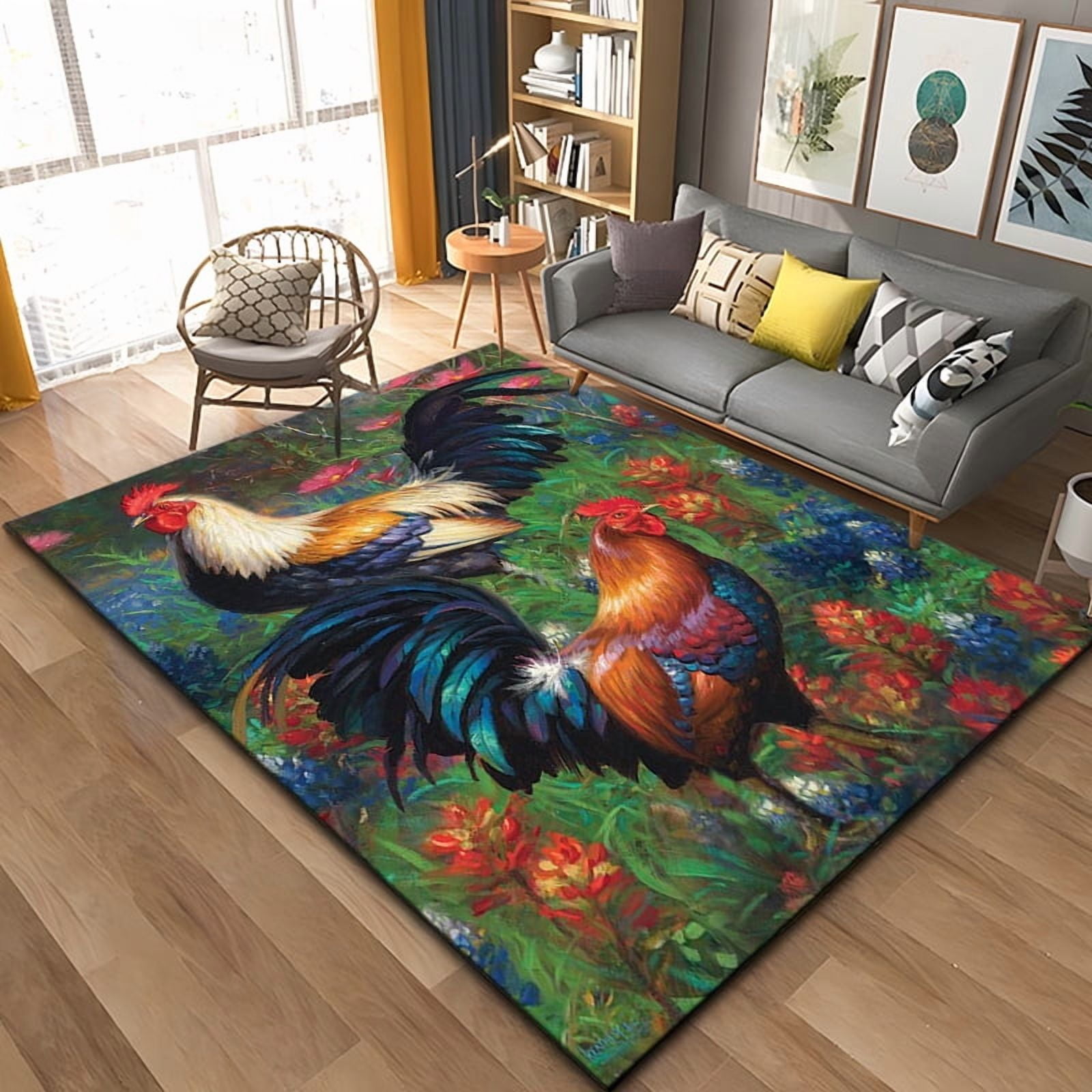 3D Rooster and Hen Chicken Area Rug Large Carpet Rug for Living Room ...