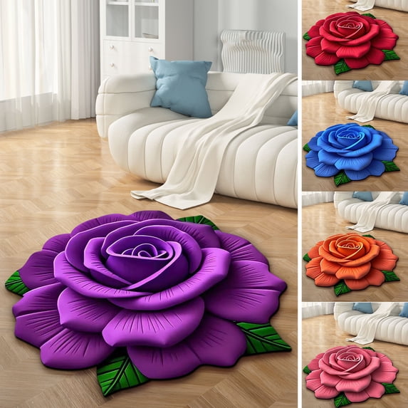 3D Rose Floral Floor Mat, Diatomaceous Earth & Plush Dual Design, Non-Slip Water-Absorbent Rug for Bedroom, Entryway & Vanity Area (Red)