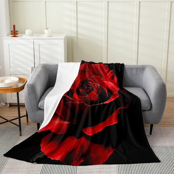 3D Rose Floral Sherpa Blanket Queen 90x90,Romantic Valentine's Day Blanket Women Lovers,Red Rose Flower Throw Blanket,Lovers Red Black Rose Fuzzy Blanket for Home Room Decor