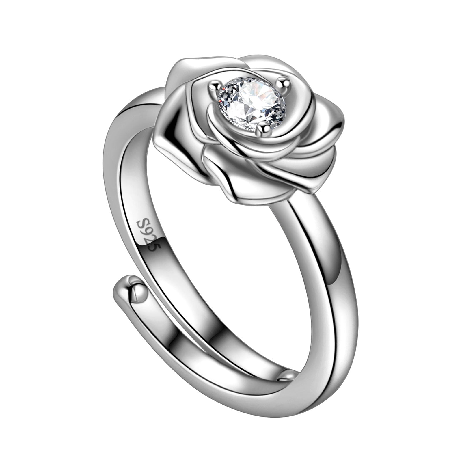 3D Rose Flower Ring 925 Sterling Silver Adjustable Finger Ring Elegant