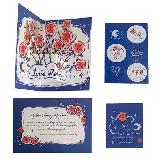 3D Up Rose Greeting Card Birthday Card for Women Men with Envelope Valentine's Day Mother's Day Anniversary Thank You Card Romantic Flower Exploding Card Gift Idea Card