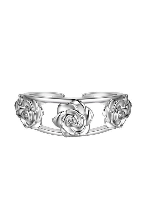 Silver Plated Rose Ring for Women, Adjustable Rose Flower Open Promise Ring Jewelry Mother Birthday Christmas Valentine's Day Gifts for Her