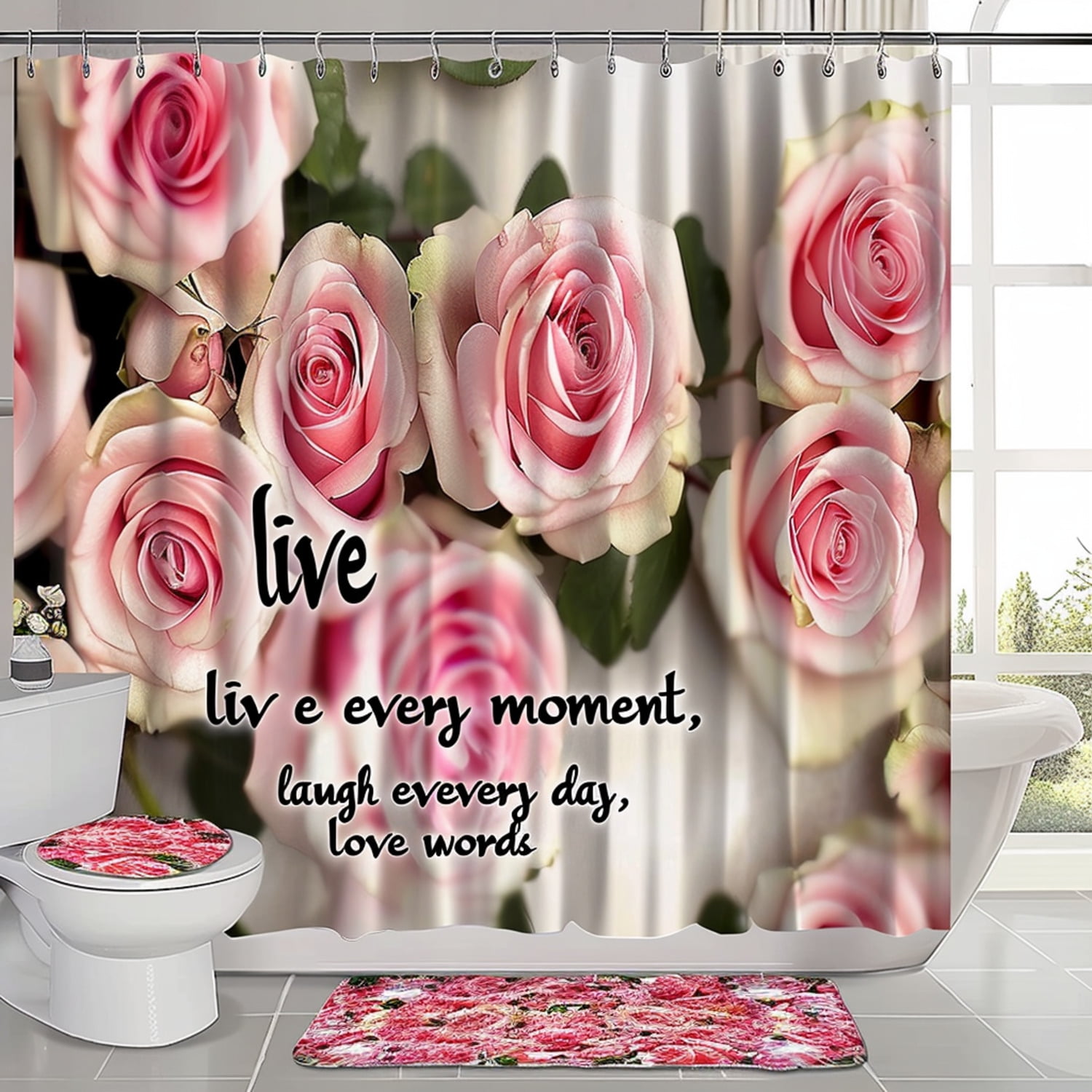 3D Roses Bathroom Set with Inspirational Quote Live Laugh Love Shower