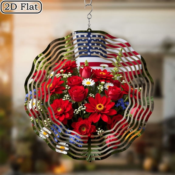 3D Rotating Wind Chime _ Patriotic Floral Metal _- 10*10 Inch Stainless Steel Wind Spinner for Yard, Garden, Outdoor Decor - Multicolor Holiday Decoration