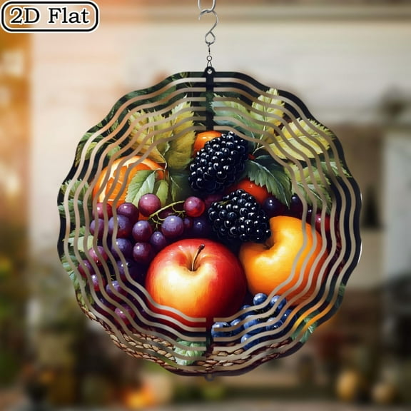3D Rotating Wind Chime_ Retro Fruit Themed Round_ - 10*10 Inch Stainless Steel Wind Spinner for Yard, Garden, Outdoor Decor - Multicolor Holiday Decoration