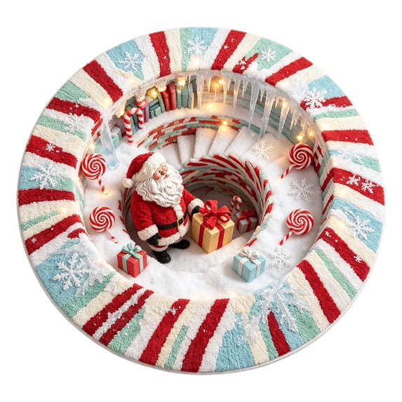 3D Round Christmas Rug – Santa Tunnel Floor Mat – Festive Home Round Carpet – Holiday Themed Floor Mat For Living Room And Bedroom