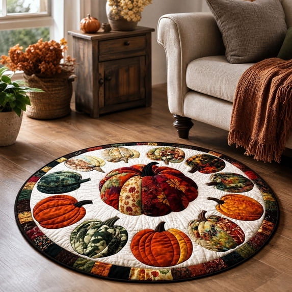 3D Round Fall Rug, Vintage Halloween Well Staircase Pumpkin Crow Maple Leaf Circular Floor Mat, Autumn Harvest Home Decor Carpet