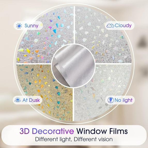 3D Rubble Design Window Privacy Film, Rainbow Decorative Window Coverings Film, Heat Blocking Static Cling Window Stickers, Non Adhesive Privacy Film, 17.5x78.7 Inch - Style 4