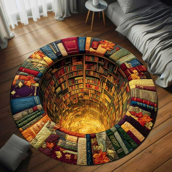 3D Rugs Optical Illusion,16" Christmas Round Rug 3D Gift Illusion Mat,Holiday Winter Carpet,Festive Floor Rug,Xmas Home Decoration Round Rug,Door Mat Holiday Indoor Entrance(Library,Style F)