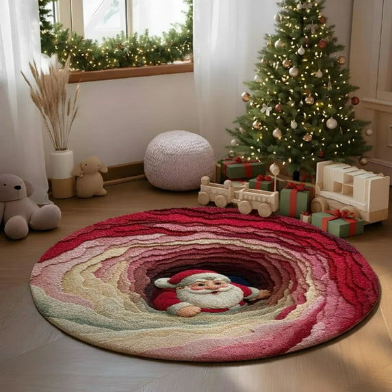 3D Rugs Optical Illusion,16" Christmas Round Rug 3D Gift Illusion Mat,Holiday Winter Carpet,Festive Floor Rug,Xmas Home Decoration Round Rug,Door Mat Holiday Indoor Entrance(Santa Claus,G)