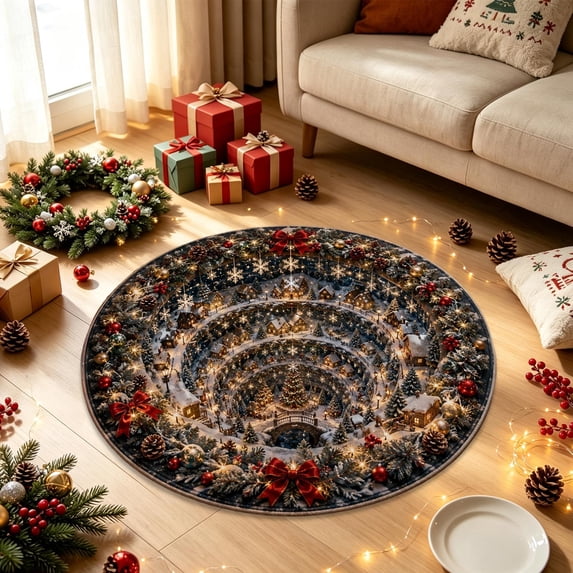 3D Rugs Optical Illusion Round Christmas Rug, 23.62 Inch Non Slip Absorbent Polyester Doormat, Stain Resistant Washable Floor Mat for Entryway, Kitchen, Bathroom and Xmas Home Decoration