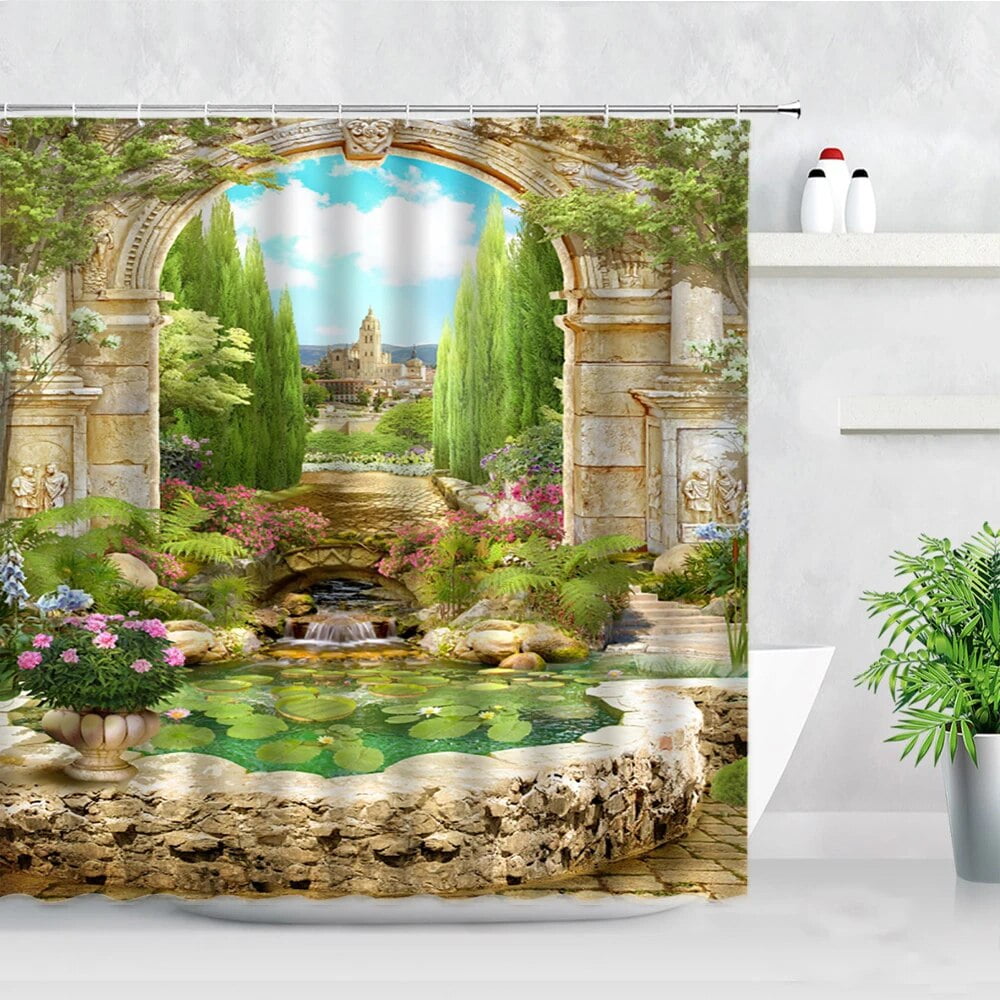 3D Rural Floral Scenery Shower Curtain Set Flowers Green Plant Roman ...