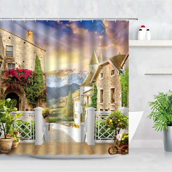 3D Rural Floral Scenery Shower Curtain Set Flowers Green Plant Roman Garden Oil Painting Wall Decor Waterproof Bathroom Curtains