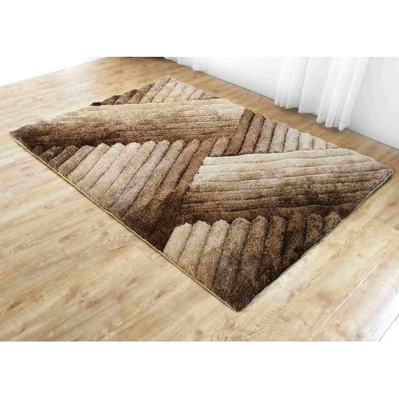 Modern Shaggy Abstract Geometric Rug for Living Room Bedroom Design 396 (5'2"x7'5",Beige)