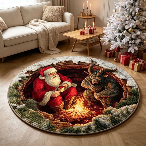 3D Santa Campfire Round Rug - Soft Non-Slip Washable Floor Mat for Living Room, Bedroom Entryway & Festive Holiday Decor