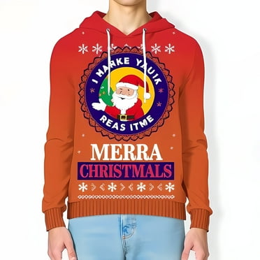 3D Santa Claus Graphic Hoodie Festive Orange & Red Sweatshirt with "MERRA CHRISTMAS" & Snowflakes Unique Holiday