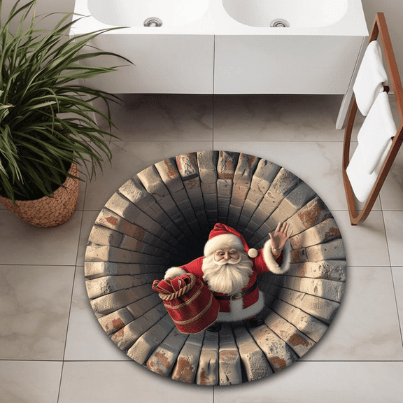 3D Santa Claus Round Rug, Christmas Hole Illusion Carpet