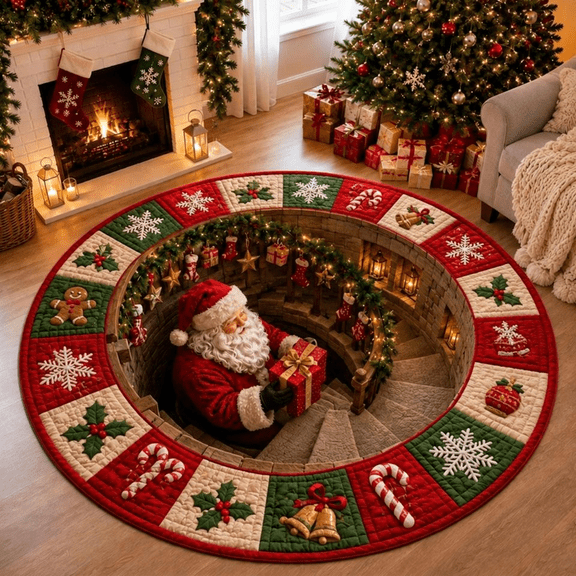 3D Santa Illusion Round Rug, Christmas Optical Floor Mat, Holiday Staircase Carpet, Xmas Home Decor, Winter Room Gift