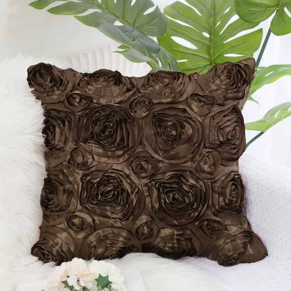 PiccoCasa 3D Satin Rose Flower Throw Pillow Cover Shells,Pure Cushion Covers for Couch Sofa,16" x 16" Coffee Color