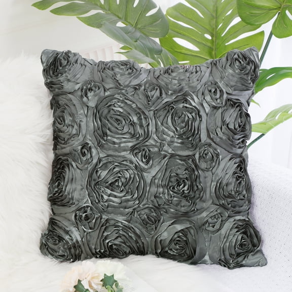 3D Satin Rose Flower Throw Pillow Cover Shells,Pure Cushion Covers for Couch Sofa,16" x 16" Grey