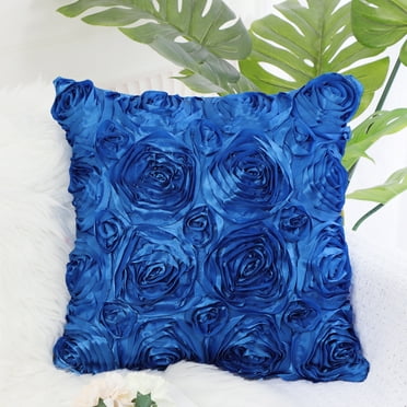 3D Satin Rose Flower Throw Pillow Cover Shells,Pure Floral Cushion Covers for Couch Sofa,16" x 16" Royal Blue