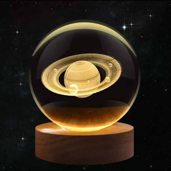 3D Saturn Crystal Ball Night Light - LED Glass Light Hologram Lamp with Solid Wood Base, USB Powered Ball Lamp with Adjustable Brightness for Home Decor Display Gift, 2.4inch(60mm)