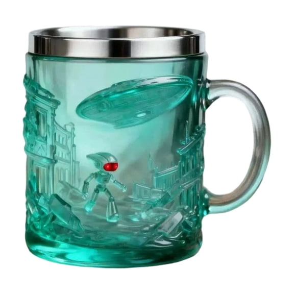 Gnoleg Home Decor 3D Sci Fi Robot Mug Novelty Coffee Cup with Embossed UFO Design Color Changing Glass with Stainless Steel Rim Futuristic Space Theme