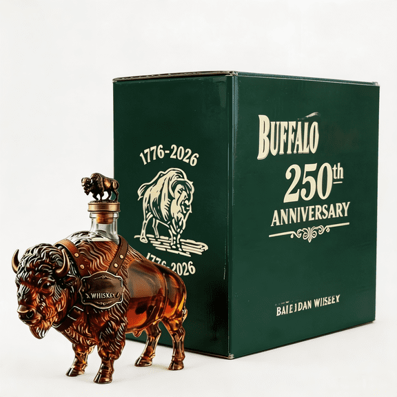 3D Sculpted Buffalo Shaped Glass -Bottle, 250th Anniversary 350ml Unique Bison Buffalo Whisk.ey Bottle Gift for Whis.key Lovers Pet for Home Bar Display, Father's Day Gift With Box