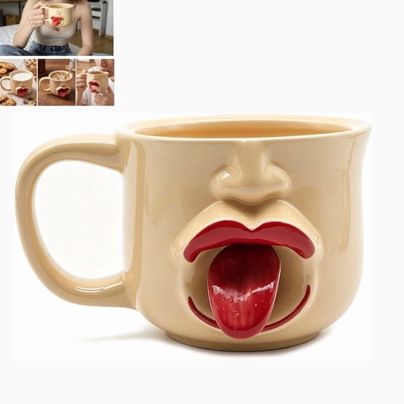 3D Sculptural Face-Shaped Mug with Wobbly Tongue, Handmade Artistic Ceramic Coffee Cup for Hot and Cold Drinks, Novelty Gift for Office or Home Decor