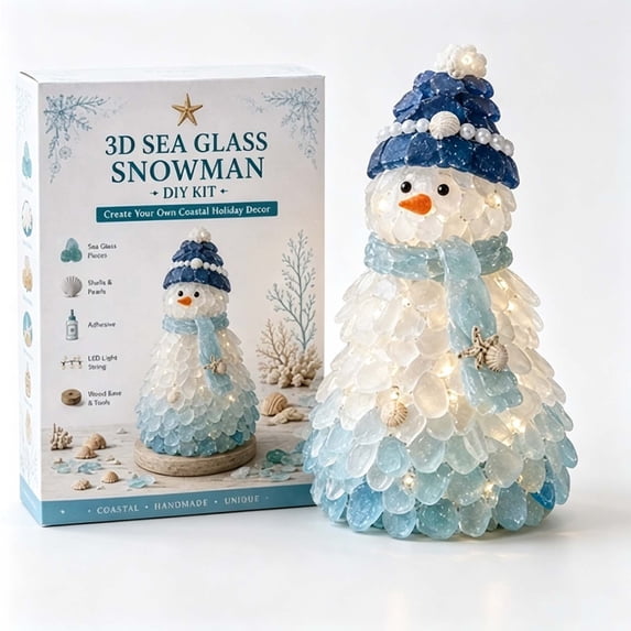 3D Sea Glass Art Kit with LED, Coastal Snowman Craft Set, Sea Glass‑Style Pieces & Wooden Base, Lighted Beach‑Themed Holiday Decor Handmade Craft Gift