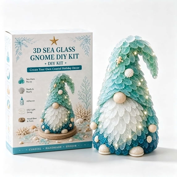 3D Sea Glass Art Kit with LED, Coastal Gnome Craft Set, Sea Glass‑Style Pieces & Wooden Base, Lighted Beach‑Themed Holiday Decor Handmade Craft Gift