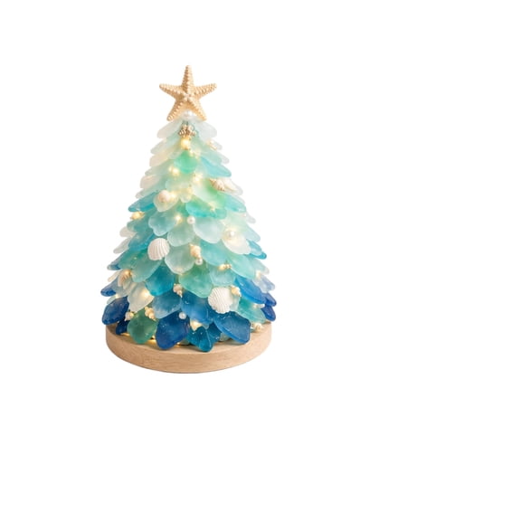 3D Sea Glass Christmas Tree Art Kit, Lighted DIY Craft with Frosted Glass, Shells & Pearl Accents, Tabletop Decor for Mantel & Holiday Home, Gift for Adults