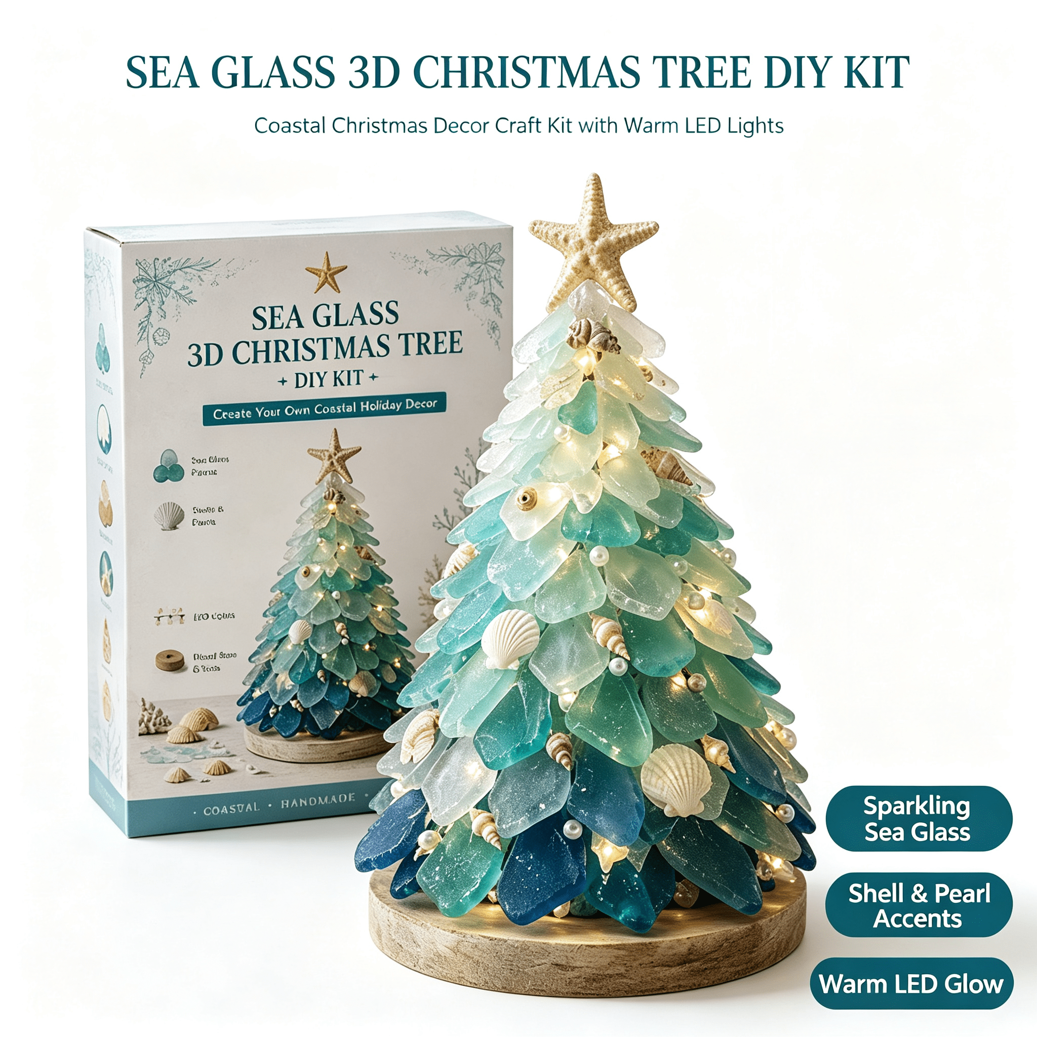 3D Sea Glass Christmas Tree DIY Kit with LED Lights, Tabletop Holiday ...