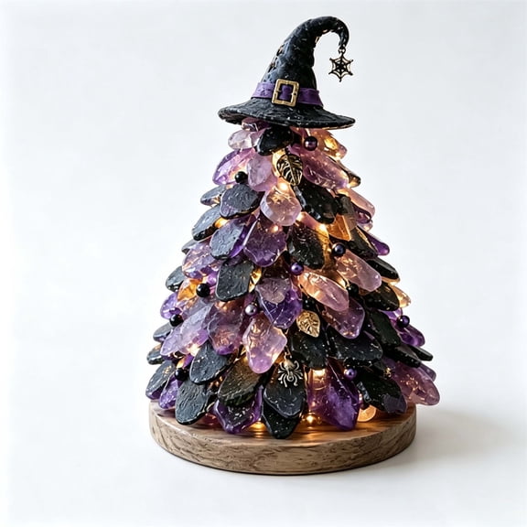 3D Sea Glass Halloween Tree,Halloween Sea Glass Tree Tabletop Decor LED Lighted DIY Halloween Crystal Tree Ornament With Pumpkin Ghost Witch Hat Topper Wooden Base Mini Holiday Tree Decor