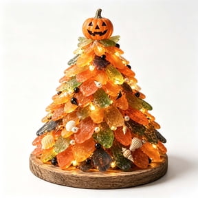 3D Sea Glass Halloween Tree,Halloween Sea Glass Tree Tabletop Decor LED Lighted DIY Halloween Crystal Tree Ornament With Pumpkin Ghost Witch Hat Topper Wooden Base Mini Holiday Tree Decor