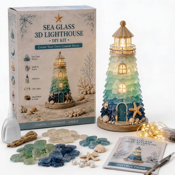 3D Sea Glass Lighthouse Kit for Adults Beginners Friendly, Handmade Coastal Lighthouse Craft Set with LED Light, Complete DIY Sea Glass Art Kit for Tabletop Home Decor