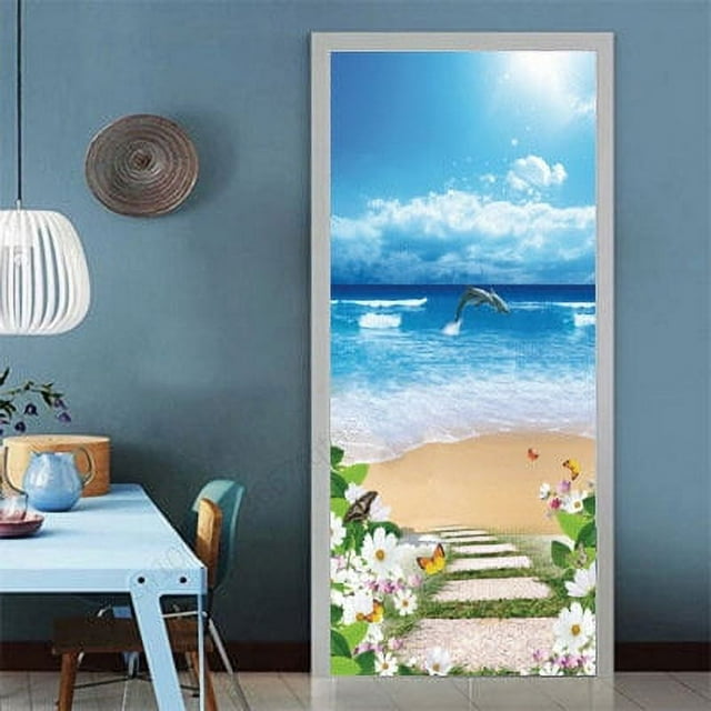 3D Sea View Beach Door Stickers Home ration PVC Wallpaper Bedroom