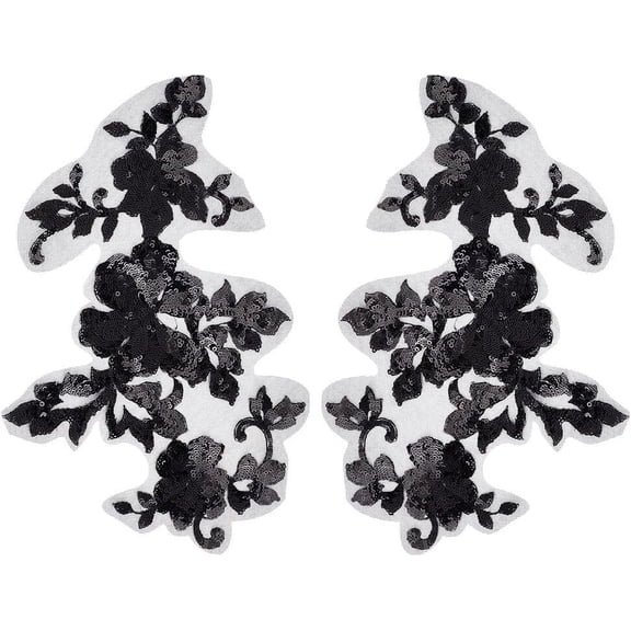 3D Sequin Embroidered Lace Applique Leaf Flowers Sew on Collar Trim Patches Floral Motif Fabric Craft Decoration Patch for Sewing Wedding DIY Clothes Dress Pants Jeans Garments Black Black