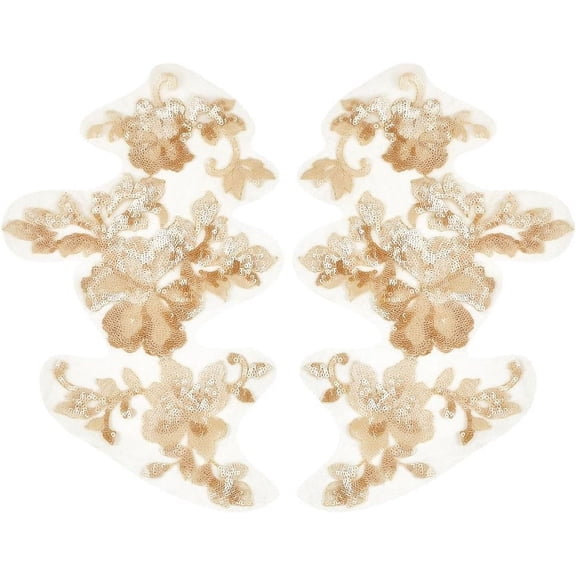 3D Sequin Embroidered Lace Applique Leaf Flowers Sew on Trim Patches Floral Motif Collar Fabric Craft Decoration Patch for DIY Sewing Wedding DIY Clothes Dress Pants Jeans Bag Garments Tan